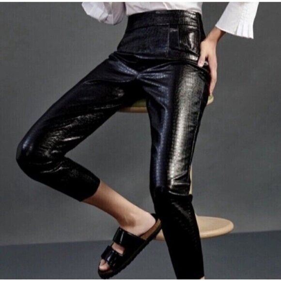 New Zara Black Croco Faux Leather Hi Rise Side Zip Vegan Ankle Pants - Picture 1 of 9